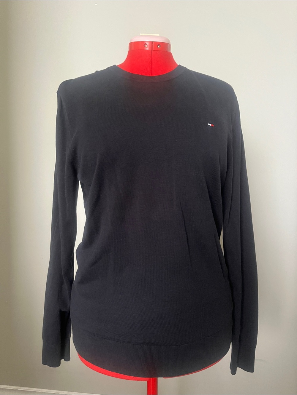 Tommy Hilfiger 100% Cotton Navy Blue Crewneck Sweater with Signature Flag
